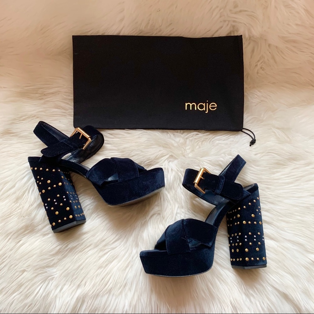 Maje Navy Blue and Gold Sandals with Platform Sole